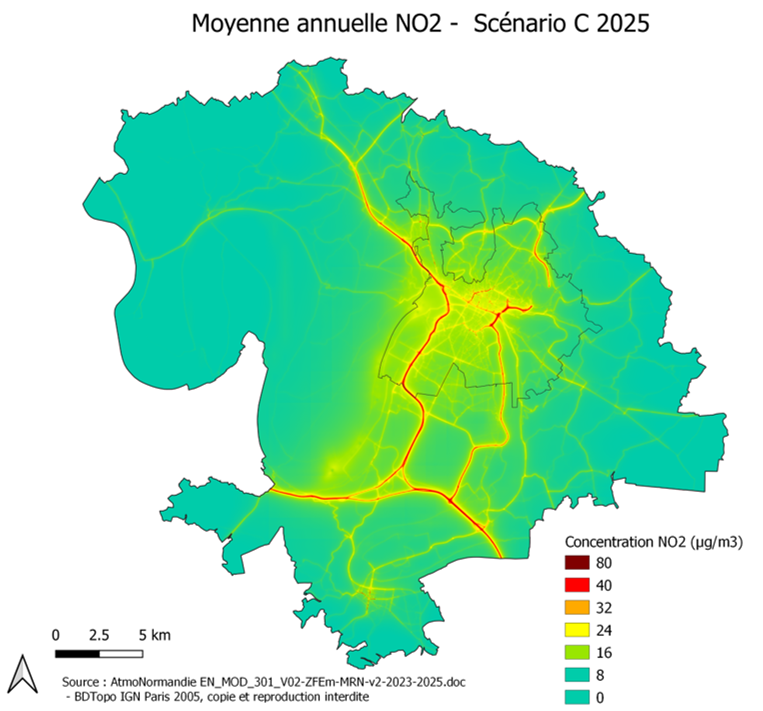 ZFE-m MRN - Carte de modélisation de la moyenne annuelle en dioxyde d'azote - Scénario C