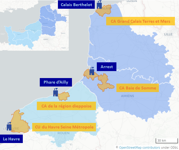 Localisation des quatre sites de mesure retenus pour l’étude et les EPCI associés