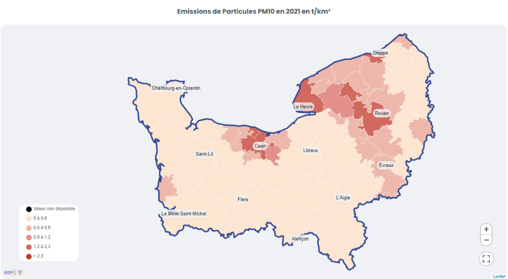 Carte de répartition des émissions de particules PM10 en Normandie, en tonne par kilomètre carré (t/km²)