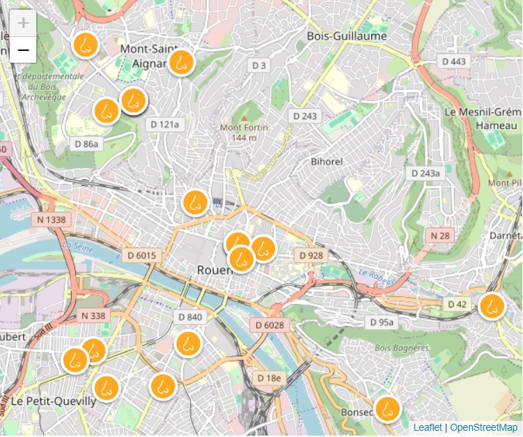 Carte des signalements d'odeurs recensés le 9 octobre de 8h30 à 13h (crédit-photo : Atmo Normandie)
