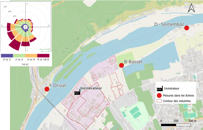 Points de prélèvements des lichens autour de l'incinérateur des boues de la station d'épuration des eaux de la métropole Rouen Normandie à Saint-Aubin-lès-Elbeuf en 2024 et rose des vents (sur l'année précédent les prélèvements) à Météo France Boos