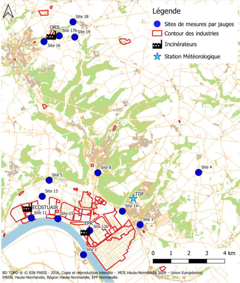 Points de prélèvement par jauges de dépôt sur les ZI de Port-Jérôme, Radicatel,Bolbec et leurs alentours