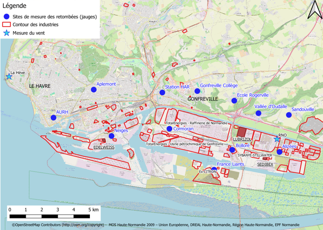 Points de prélèvement par jauges de dépôt sur la ZI du Havre et ses alentours en 2024