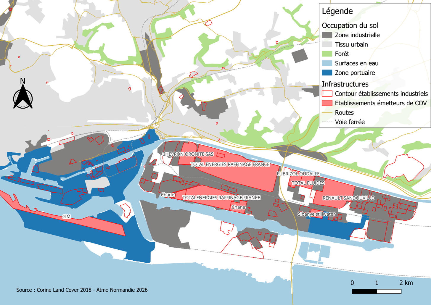 Localisation des établissements émetteurs de composés organiques volatils (COV) dans la ZI du Havre