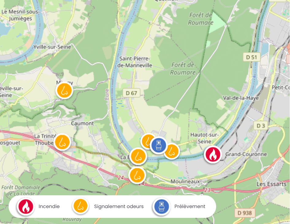 Carte 12_08_2026-Signalements d'odeurs et point de prélèvement autour de l'incendie