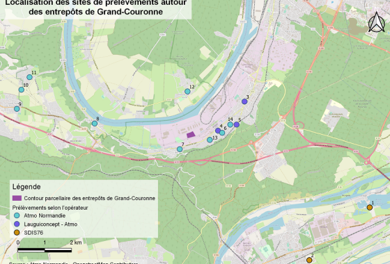 Localisation des sites de prélèvements incendie Grand-Couronne