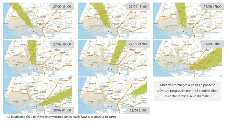 Modélisation de la circulation du panache de fumées issu des torchages du site pétrochimique TotalEnergies de Gonfreville l’Orcher du 27 au 28/09/2023. 