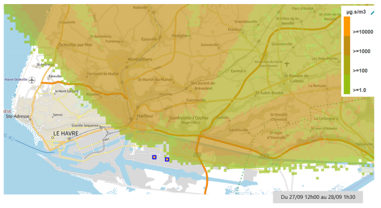 Modélisation des zones potentiellement impactées par le panache de fumées issu des torchages du site pétrochimique TotalEnergies de Gonfreville l’Orcher du 27/09/2023 12h au 28/09/2023 1h30 (somme des concentrations de poussières PM10 au sol sur la période)