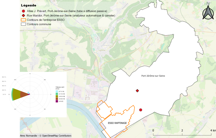 Carte des sites de prélèvement et rose des vents pendant l'incendie