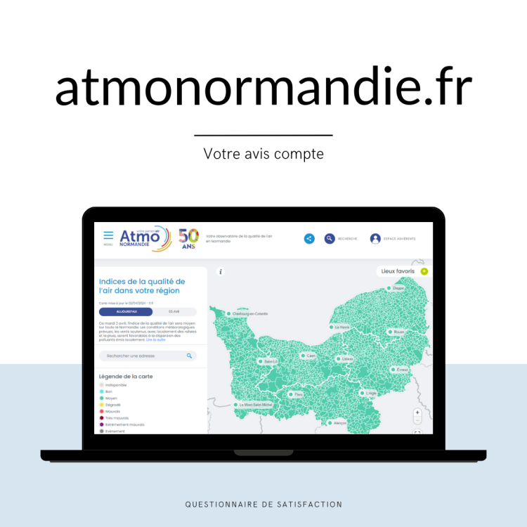 ordinateur affichant la page d'accueil du site web d'Atmo Normandie