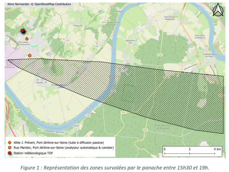 Figure 1 : Représentation des zones survolées par le panache entre 15h30 et 19h.