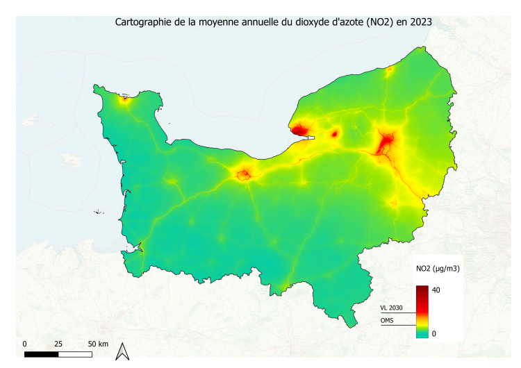 Cartographie de la pollution moyenne de l'air par le dioxyde d'azote en 2023 en Normandie : comparaison aux futures valeurs limites applicables à partir de 2030 (crédit photo : Atmo Normandie)