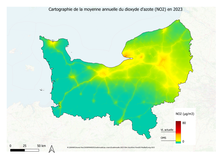 Cartographie de la pollution moyenne de l'air par le dioxyde d'azote en 2023 en Normandie : comparaison aux valeurs limites actuelles (crédit photo : Atmo Normandie)