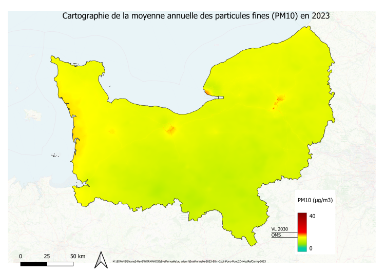Cartographie de la pollution moyenne de l'air par les particules PM10 en 2023 en Normandie : comparaison aux futures valeurs limites applicables à partir de 2030 (crédit photo : Atmo Normandie)