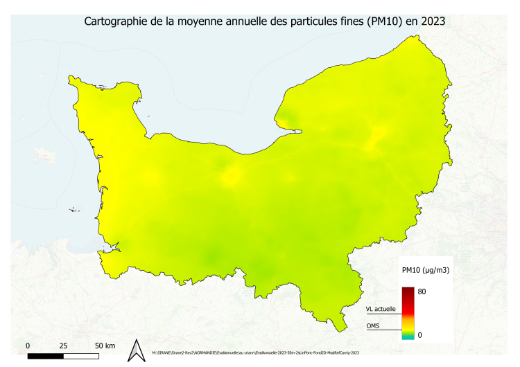 Cartographie de la pollution moyenne de l'air par les particules PM10 en 2023 en Normandie : comparaison aux valeurs limites actuelles (crédit photo : Atmo Normandie)