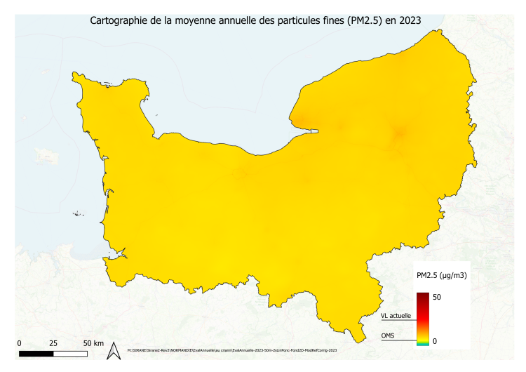 Cartographie de la pollution moyenne de l'air par les particules PM2,5 en 2023 en Normandie : comparaison aux valeurs limites actuelles (crédit photo : Atmo Normandie)