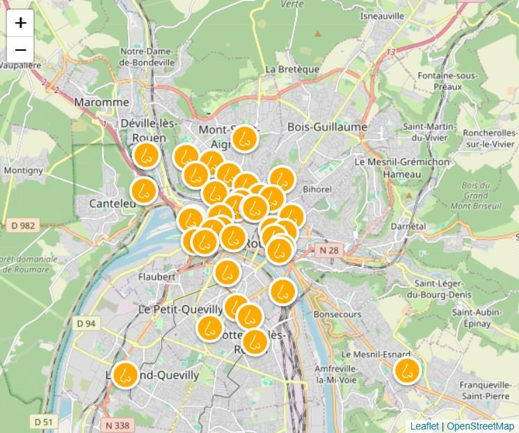 Carte des signalements d'odeurs recensés le 8 octobre 2025 dans l'agglomération de Rouen (crédit-photo : Atmo Normandie)