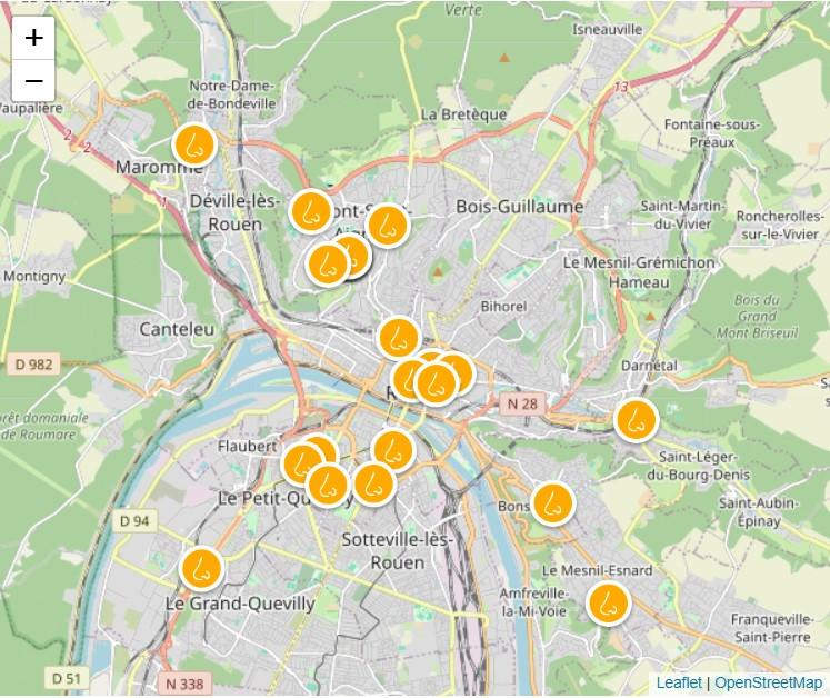Carte des signalements d'odeurs recensés le 9 octobre 2025 dans l'agglomération de Rouen (crédit-photo : Atmo Normandie)