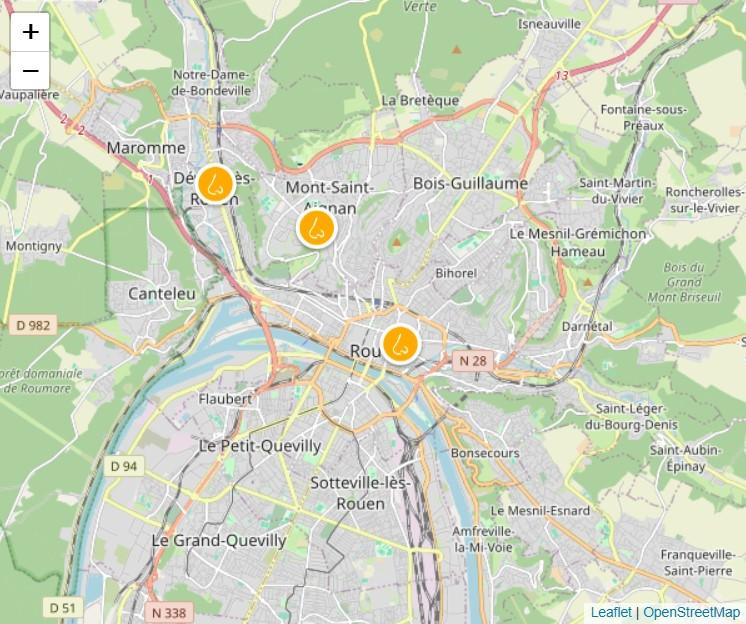 Carte des signalements d'odeurs recensés le 10 octobre 2025 à 14h dans l'agglomération de Rouen (crédit-photo : Atmo Normandie)