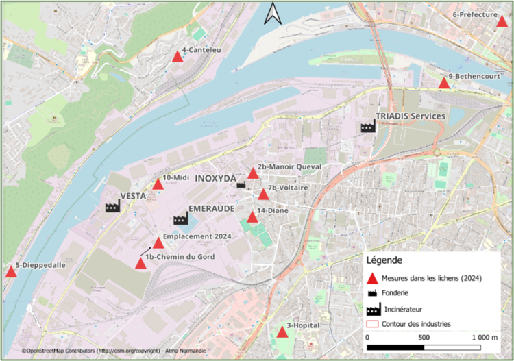 Points de prélèvement de lichens sur la ZI de Rouen et ses alentours en 2024
