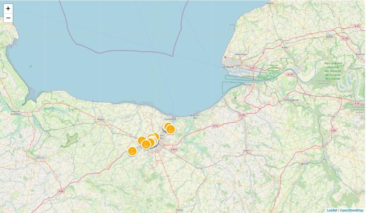 Carte des signalements d'odeurs recensés le 29 décembre 2025 entre 16h et 18h (crédit photo : Atmo Normandie)
