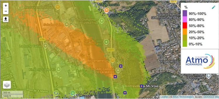 Modélisation de l’origine probable des odeurs ressenties lundi 30 mars à Amfreville-la-Mi-Voie (crédit photo : Atmo Normandie)