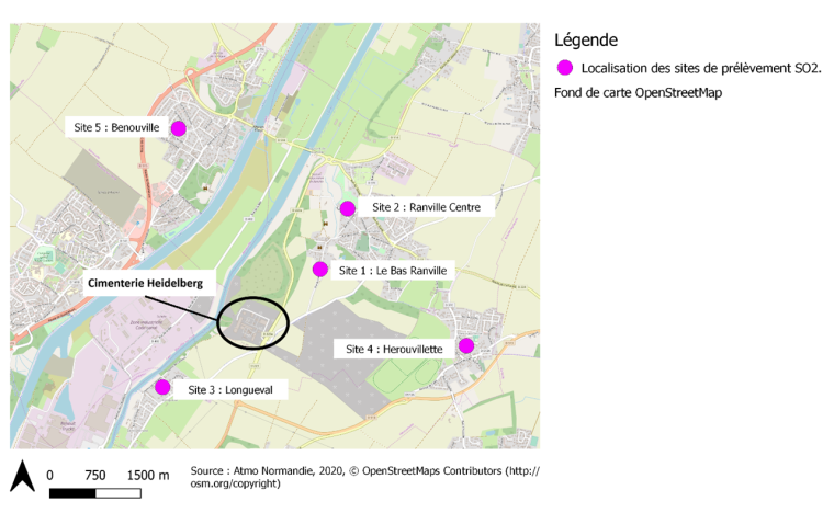 Localisation des sites de prélèvements de dioxyde de soufre (crédit photo : Atmo Normandie)