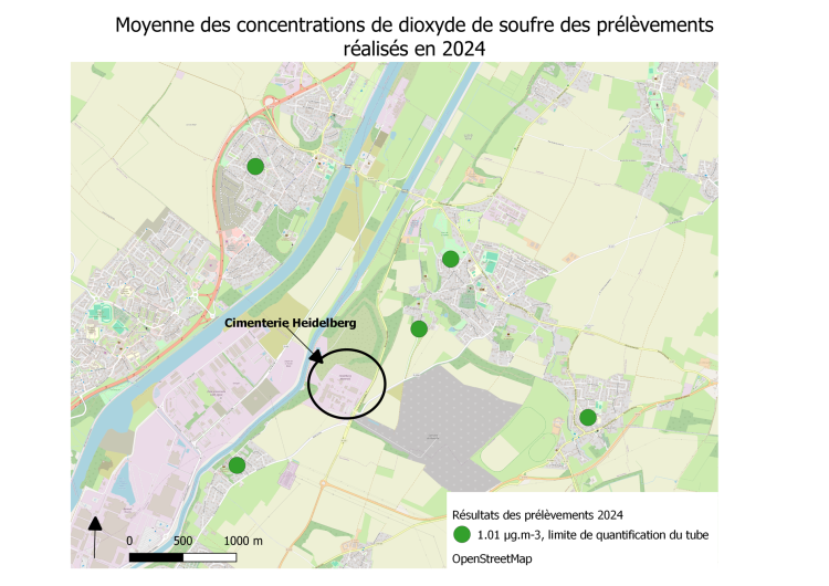 Moyennes des concentrations de SO2 mesurées lors des campagnes de prélèvement sur les différents sites, Atmo Normandie. 