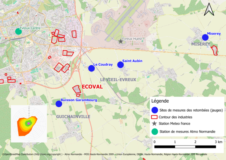Les 4 sites de mesure par jauge autour de l’UVE Ecoval de Guichainville en 2025 et la rose des vents sur trois années (2023-2025).