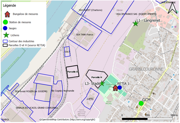 Périmètre des travaux et localisation des matériels de mesure d’Atmo Normandie