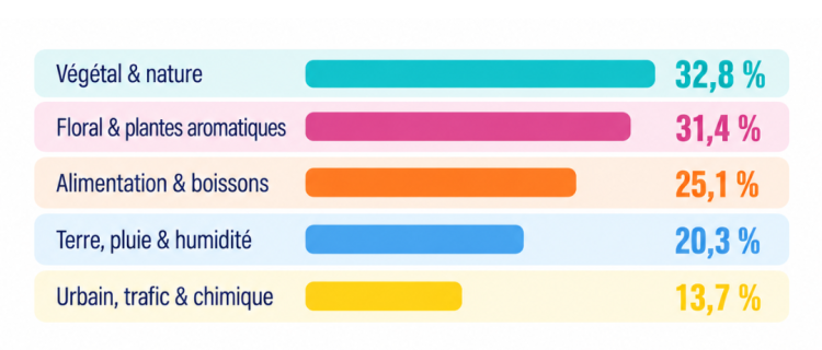 Répartition des principaux univers olfactifs mentionnés dans les bristols.