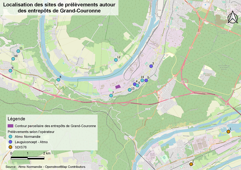 Localisation des sites de prélèvements incendie Grand-Couronne