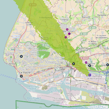 Modélisation de la dispersion d’un panache odorant dans la région havraise le 21 janvier 2026 18h30 (crédit photo : Atmo Normandie)